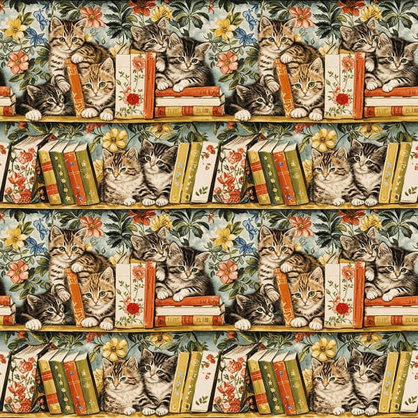 Tecido Tricoline Digital Gatos Biblioteca Floral Decoração Mesa Infantil