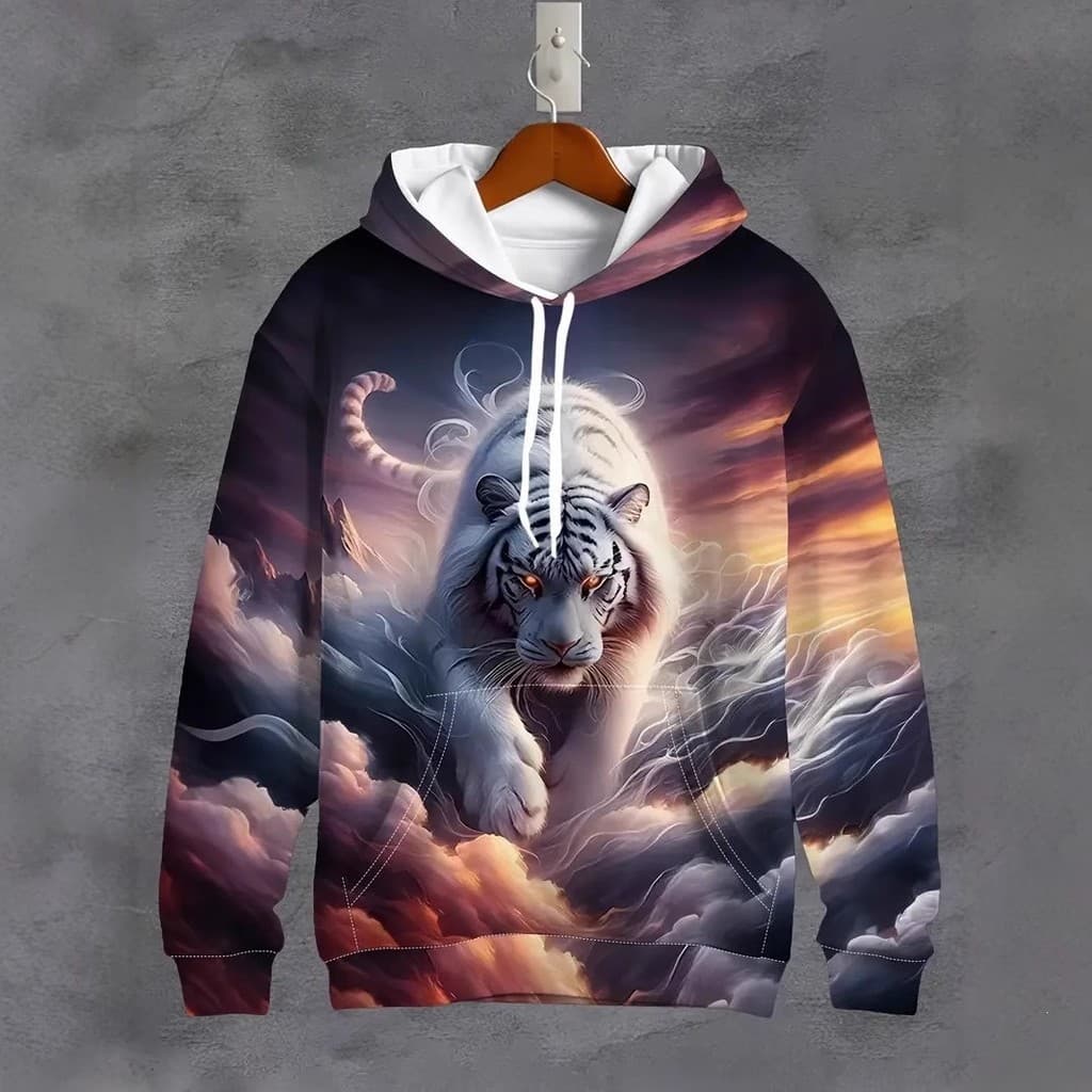 Moletom masculino casual 3D estampado com desenhos de leão, tigre e lobo, de manga longa, muito vendido.