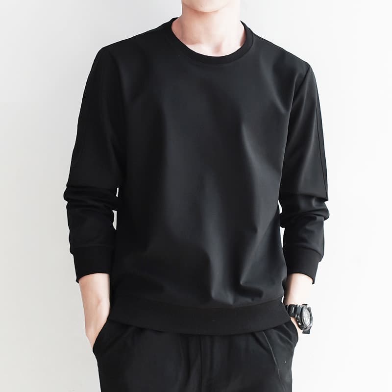 Primavera outono masculino de manga comprida camiseta preto moletom em torno do pescoço Casual solto cor sólida All-Matc