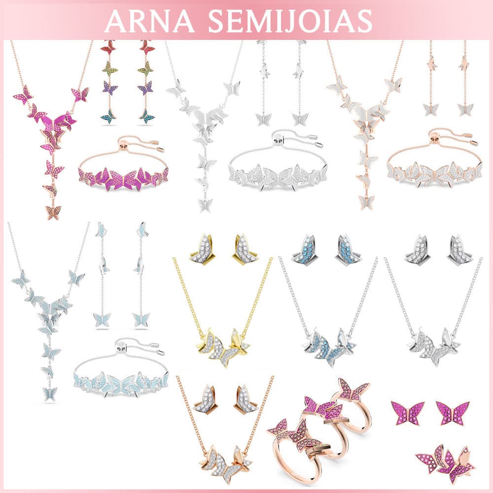 Idyllia Lilia Conjunto de Joias com Zircônia em Forma de Borboleta: Brincos, Pulseira, Colar e Anel, Banhado a Ródio, Ou
