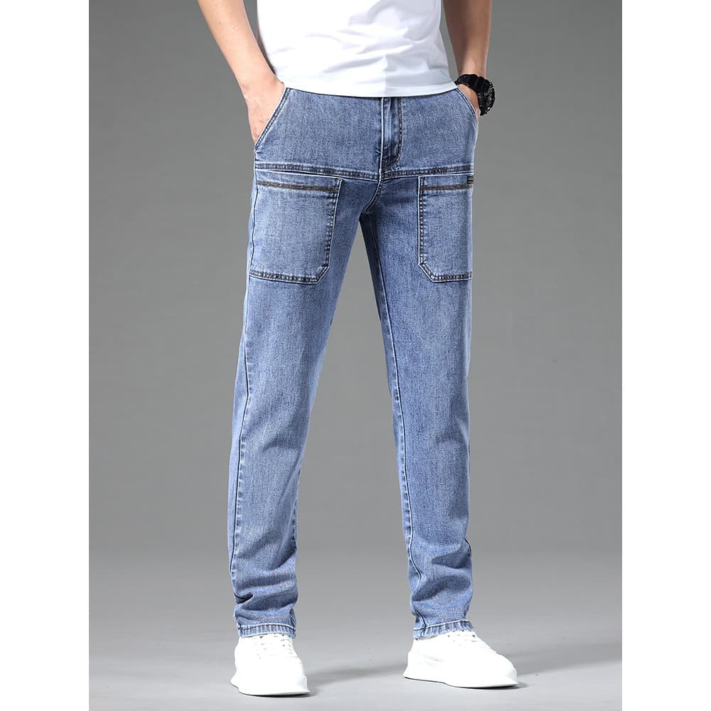 LAIYUEHUI/LAIYUEHUI Calça Jeans masculina elástica de seis bolsos primavera calça reta masculina calça Casual com vários
