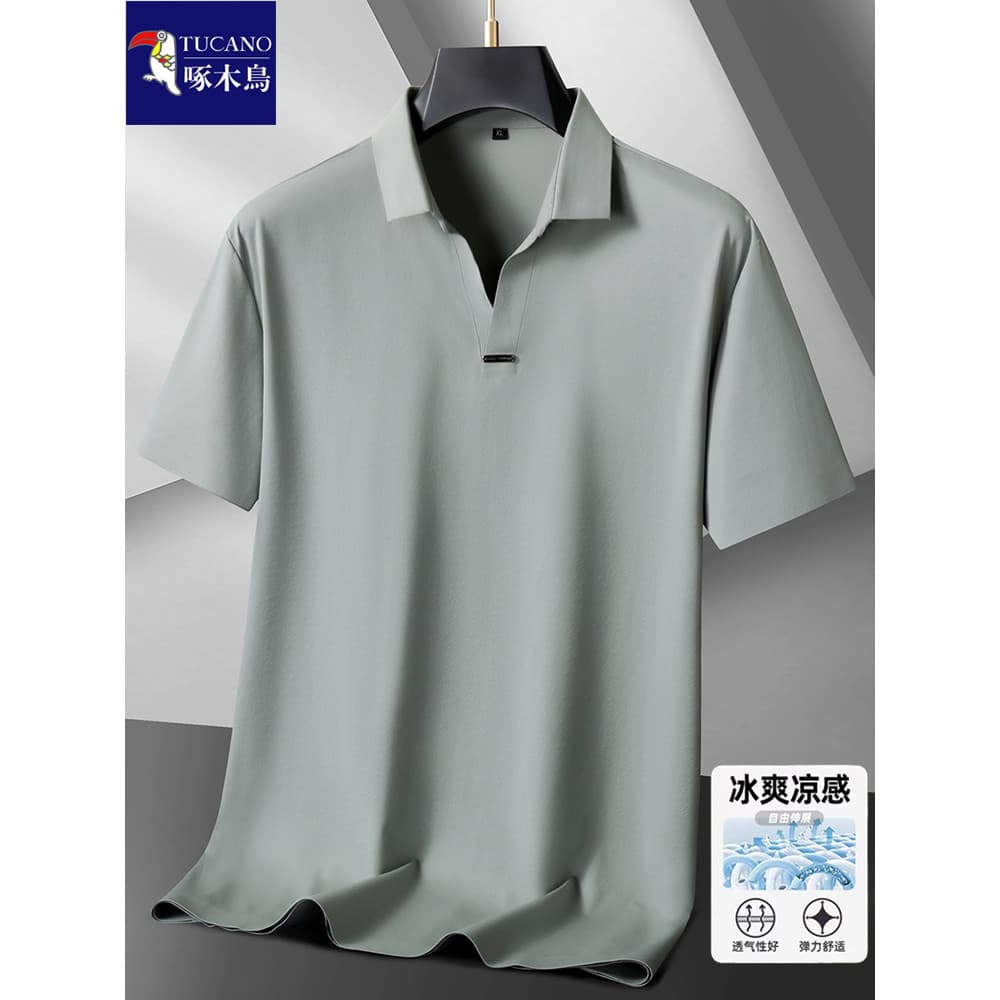 Woodpecker plus fat plus Size masculino gelo seda legal sentimento com decote em V manga curta camiseta verão gordura so