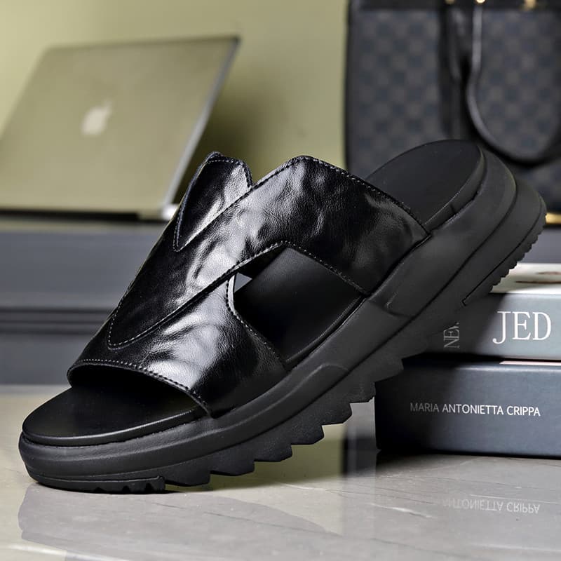 Chinelos masculinos verão moda tendência exterior usar sola grossa aumentada sapatos de praia casuais couro genuíno sola