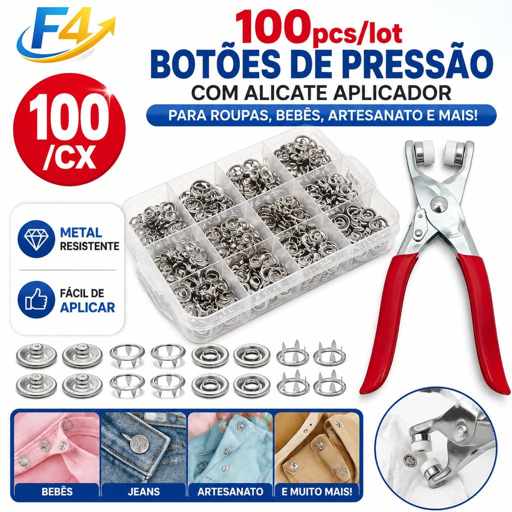 F4 Alicate Aplicador 100 Botões De Pressão De Metal Para Roupas