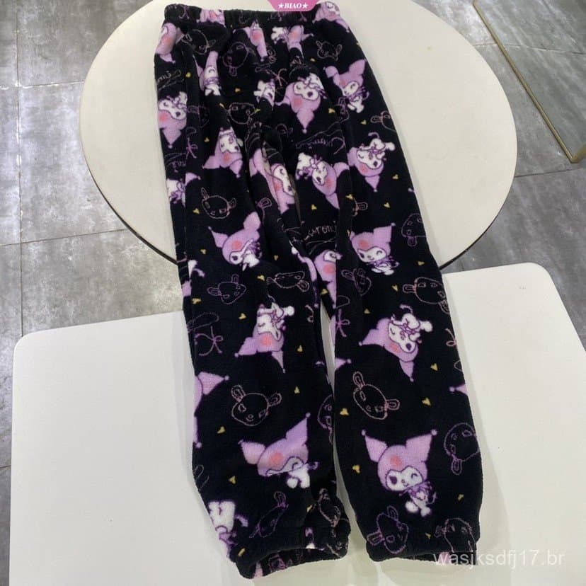 Olá Kitty Pijamas Kuromi Bonito Flanela Dos Desenhos Animados Calças Femininas Outono/Inverno Grosso Quente Coreano Casa