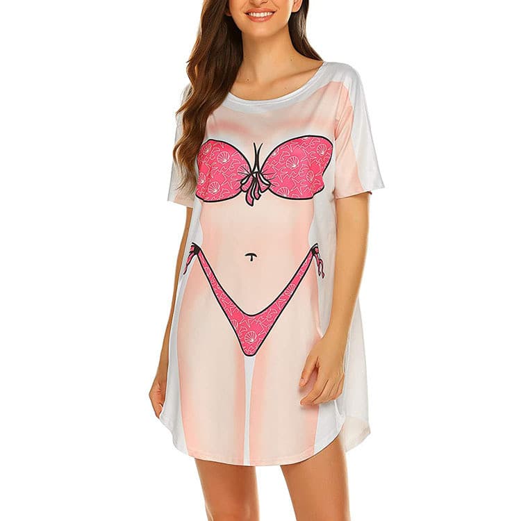 Blusa de biquíni feminina transfronteiriça vestido de manga curta estampa divertida camiseta solta camisola feminina