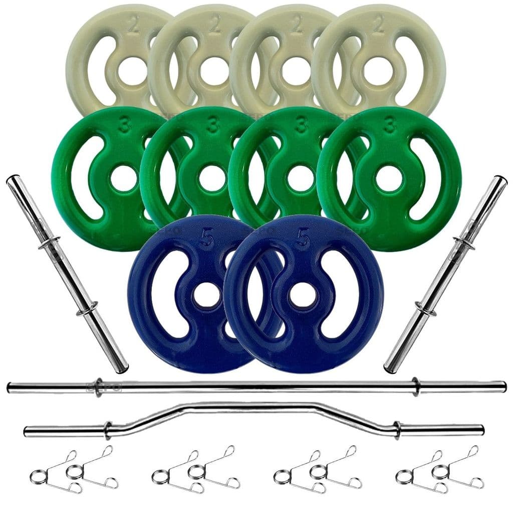 Kit 30Kg Anilhas Emborrachadas com Barras de 40cm e 1,60m + Barra W 1,20m
