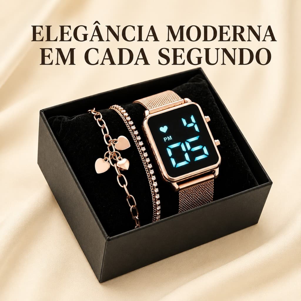 Kit Relógio Digital LED Luxo Rose COM CAIXA PREMIUM E PULSEIRA