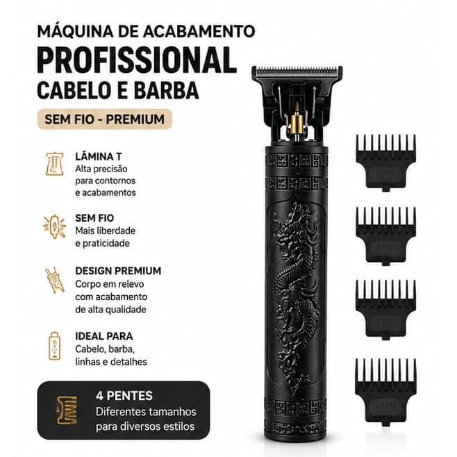Máquina de Acabamento Profissional Sem Fio para Cabelo Barba Dragão + 4 Pentes