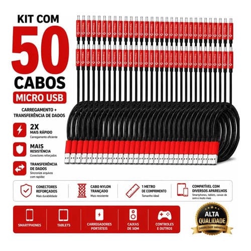 Kit 50 Cabos V8 Micro USB 1m Reforçado Nylon Carregamento Dados