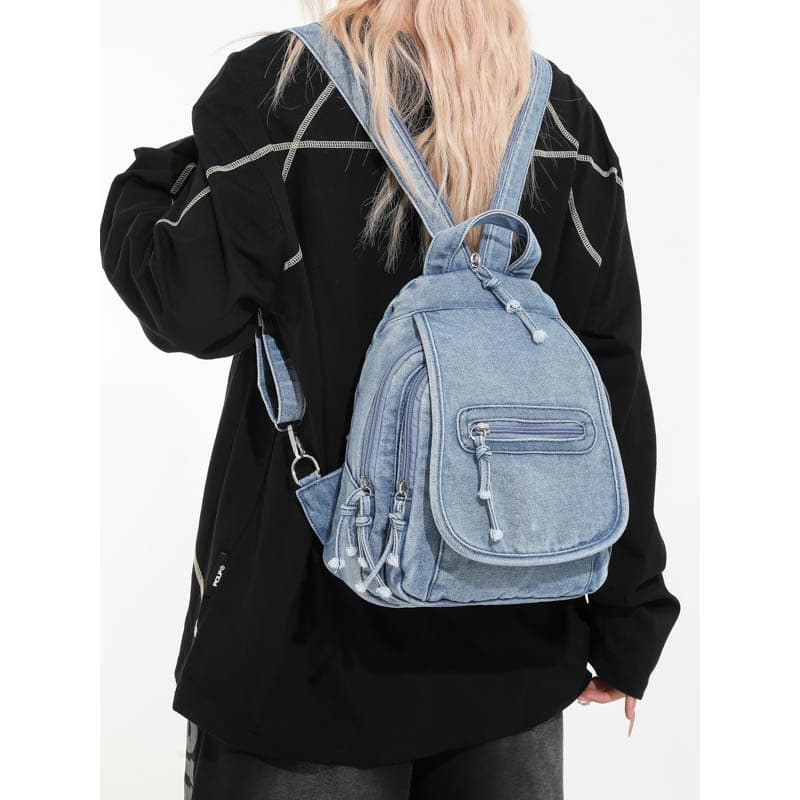 Retro All-Match lavado Denim mochila feminina Casual Multi-camada Commuter mochila de viagem ciclismo saco do mensageiro