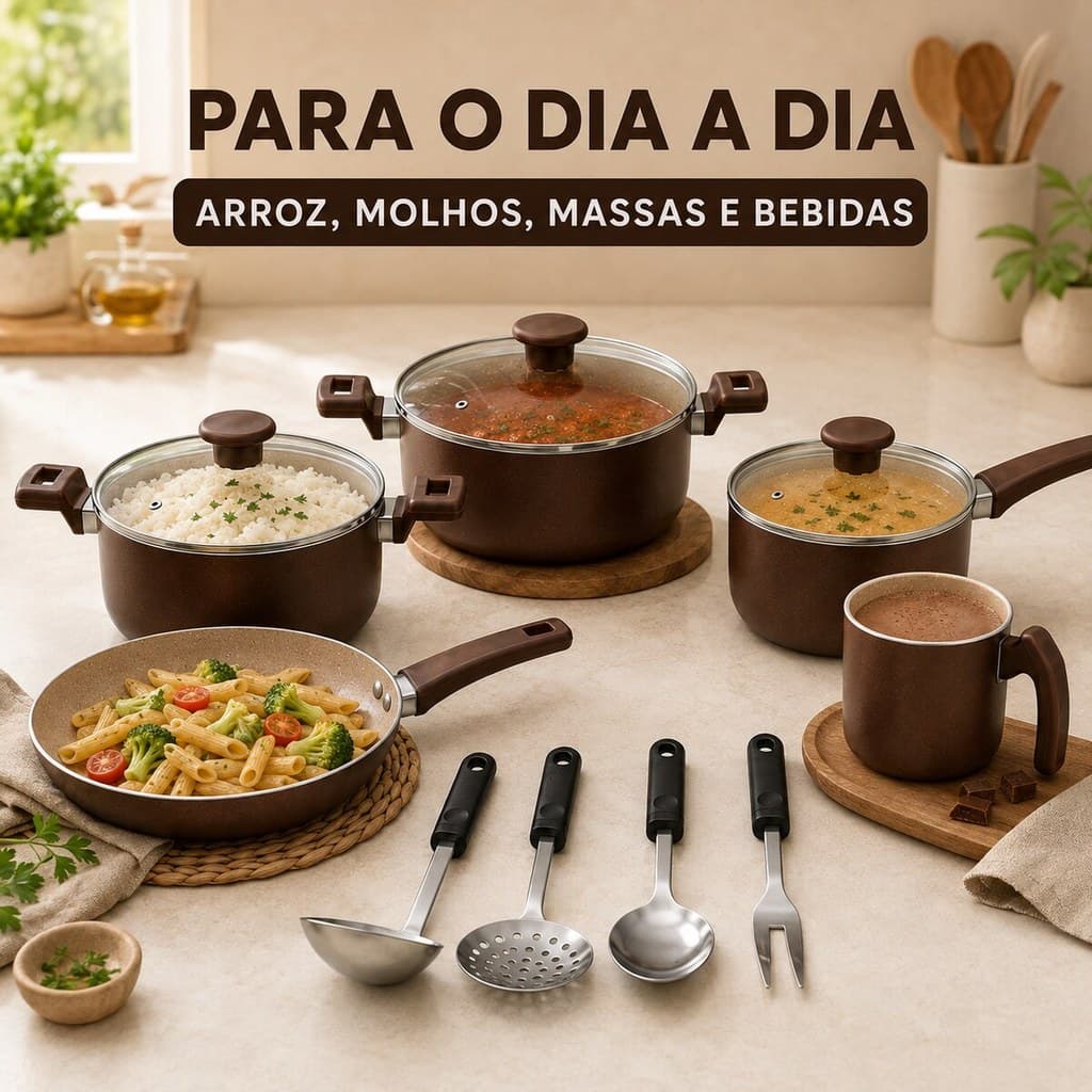 Jogo De Panelas 9 Peças Completo Antiaderente Teflon Com Utensilios Marrom