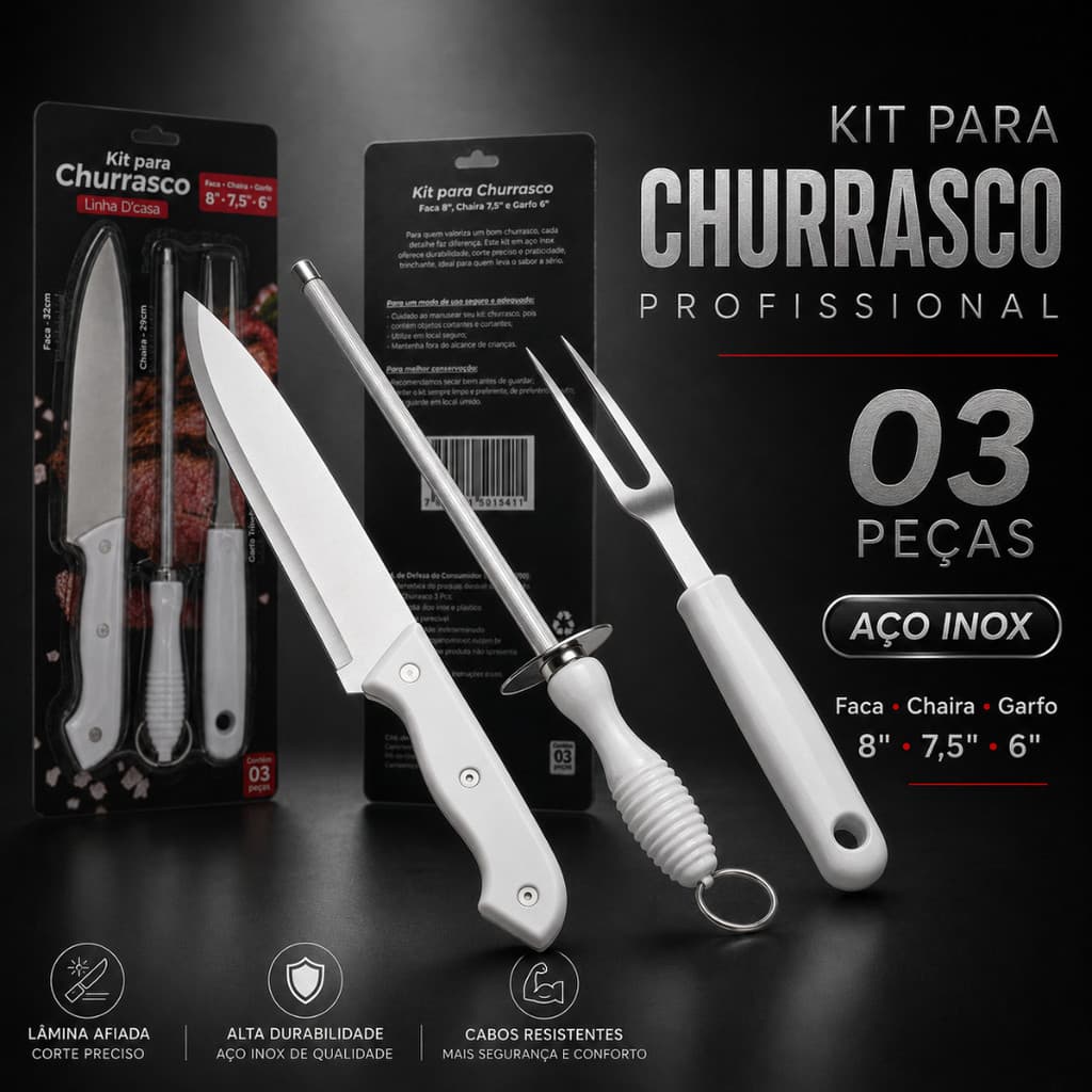Kit Churrasco 3 Peças Faca + Garfo Trinchante + Chaira Amolador Aço Inox Cabo Branco para Carne