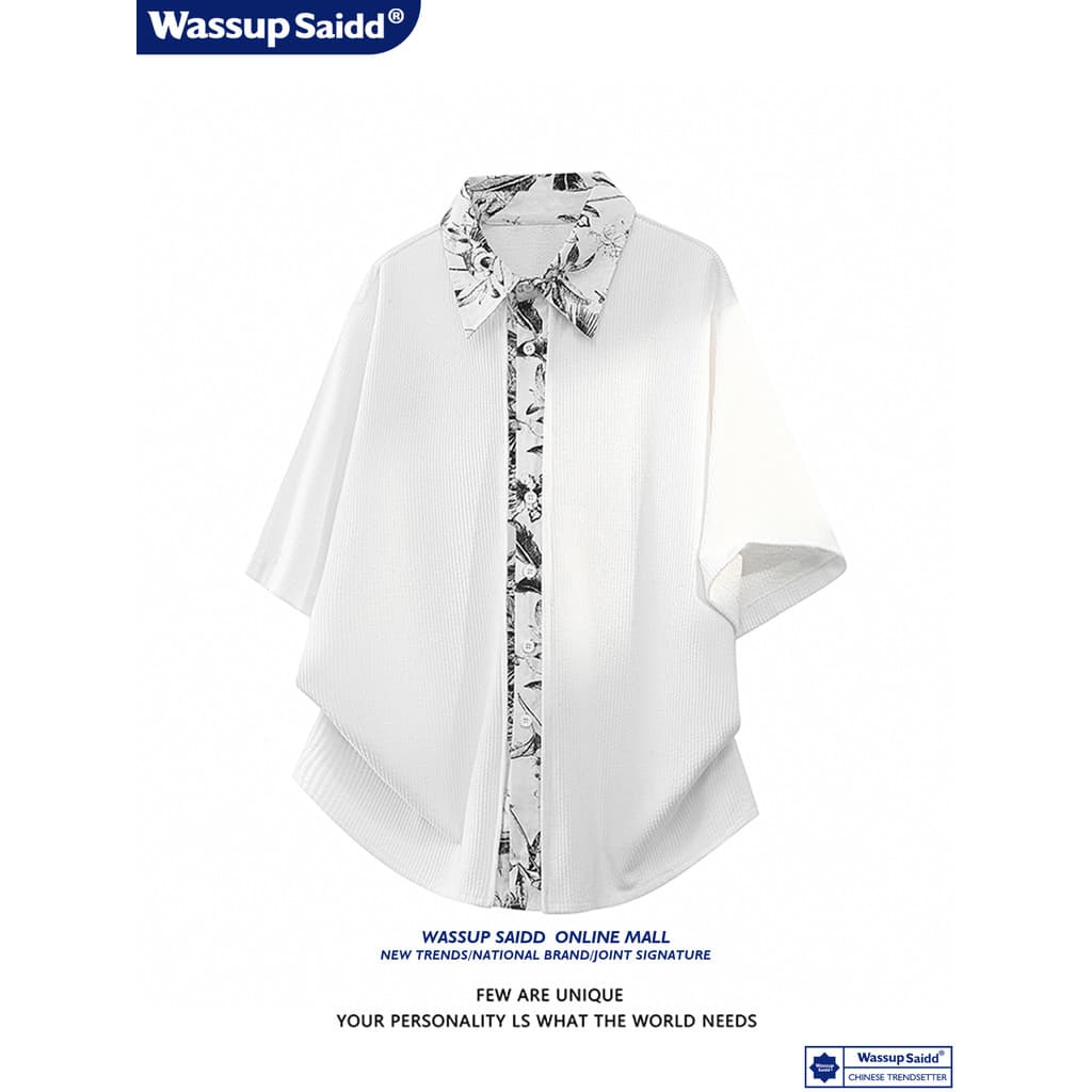 WASSUP SAIDD Falso Impressão de Duas Peças Costura Solta Lapela Design Nicho Camisa Floral Manga Curta Masculina