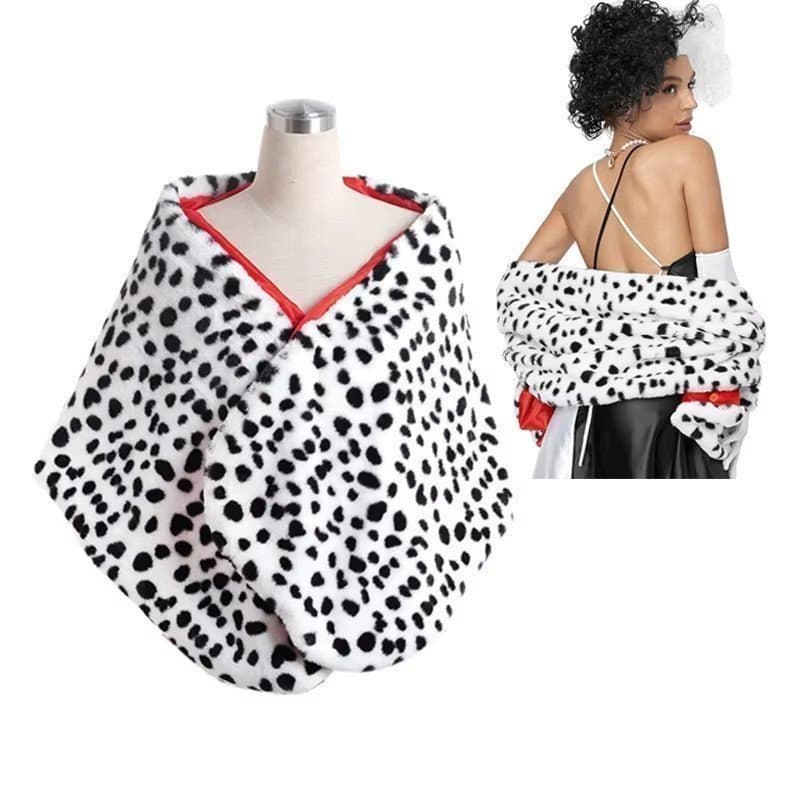 Fantasia Feminina de Cruella Deville com Xale Estampado de Dálmatas, Cachecol Preto e Branco, Fantasia de Halloween para