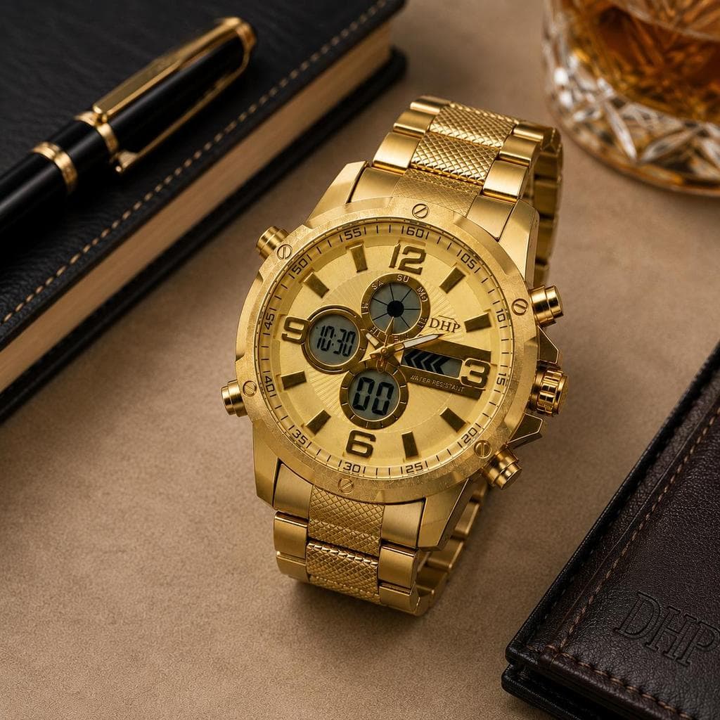 Relógio Masculino DHP Analógico-Digital Dourado aço inoxidável a prova d´água até 20 metros