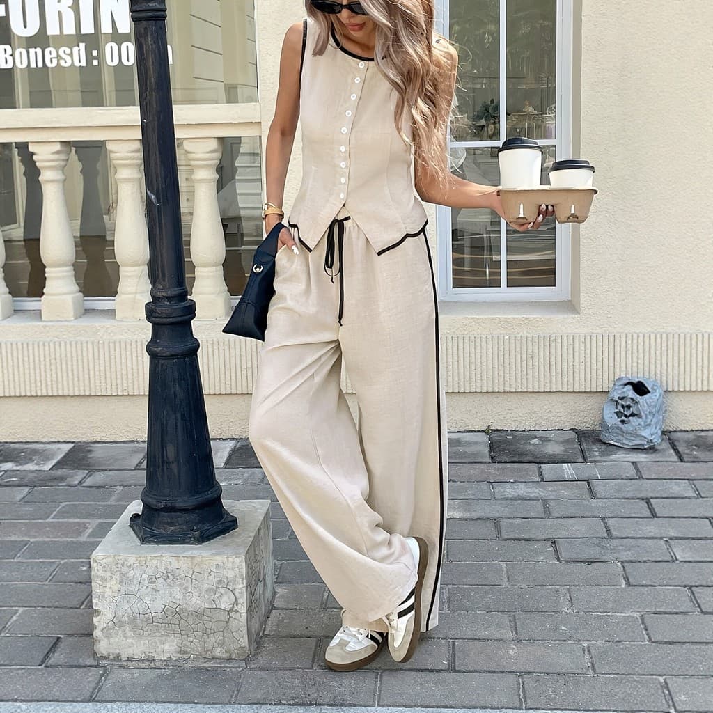 Novo estilo europeu americano sem mangas colete calças de perna larga terno feminino moda Casual terno de duas peças sol