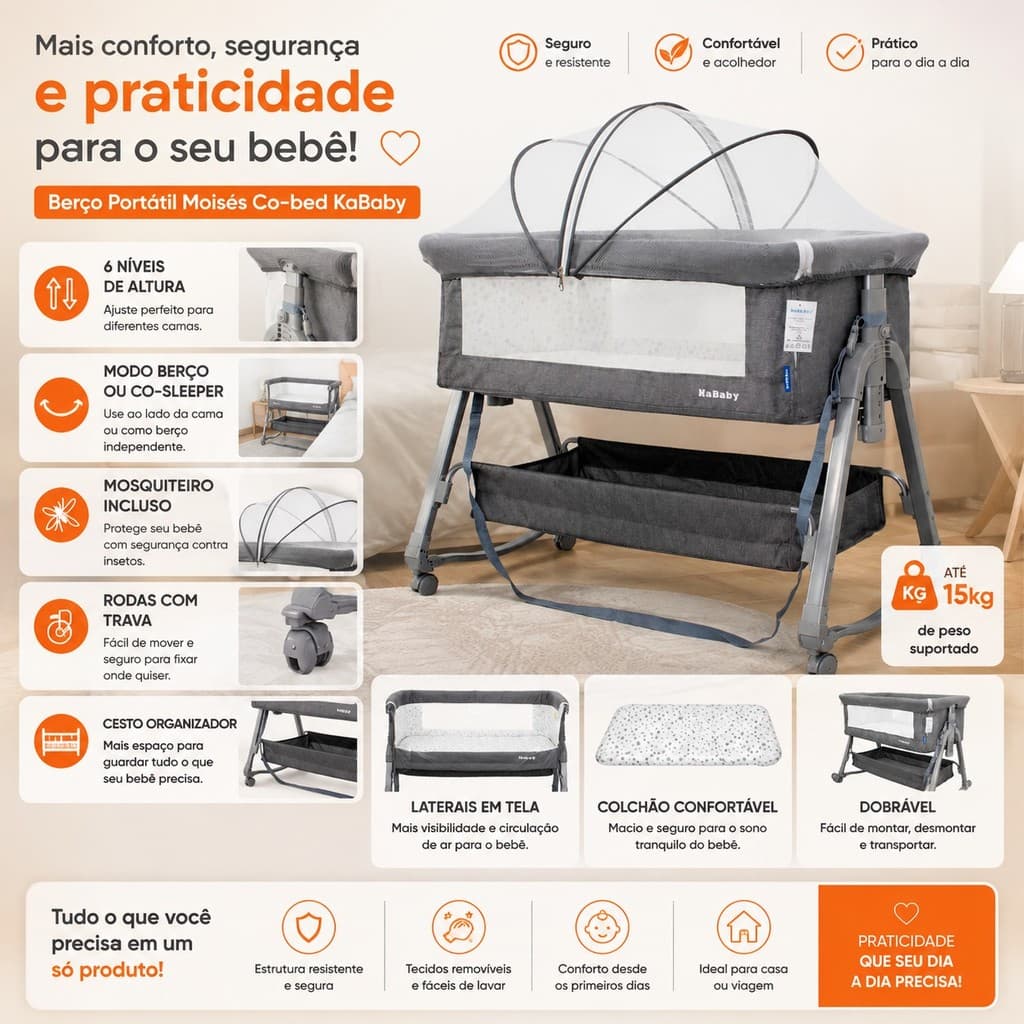 Berço Portátil Moises Co-bed Com Balanço Mosquiteiro e Cesto Cinza - Kababy