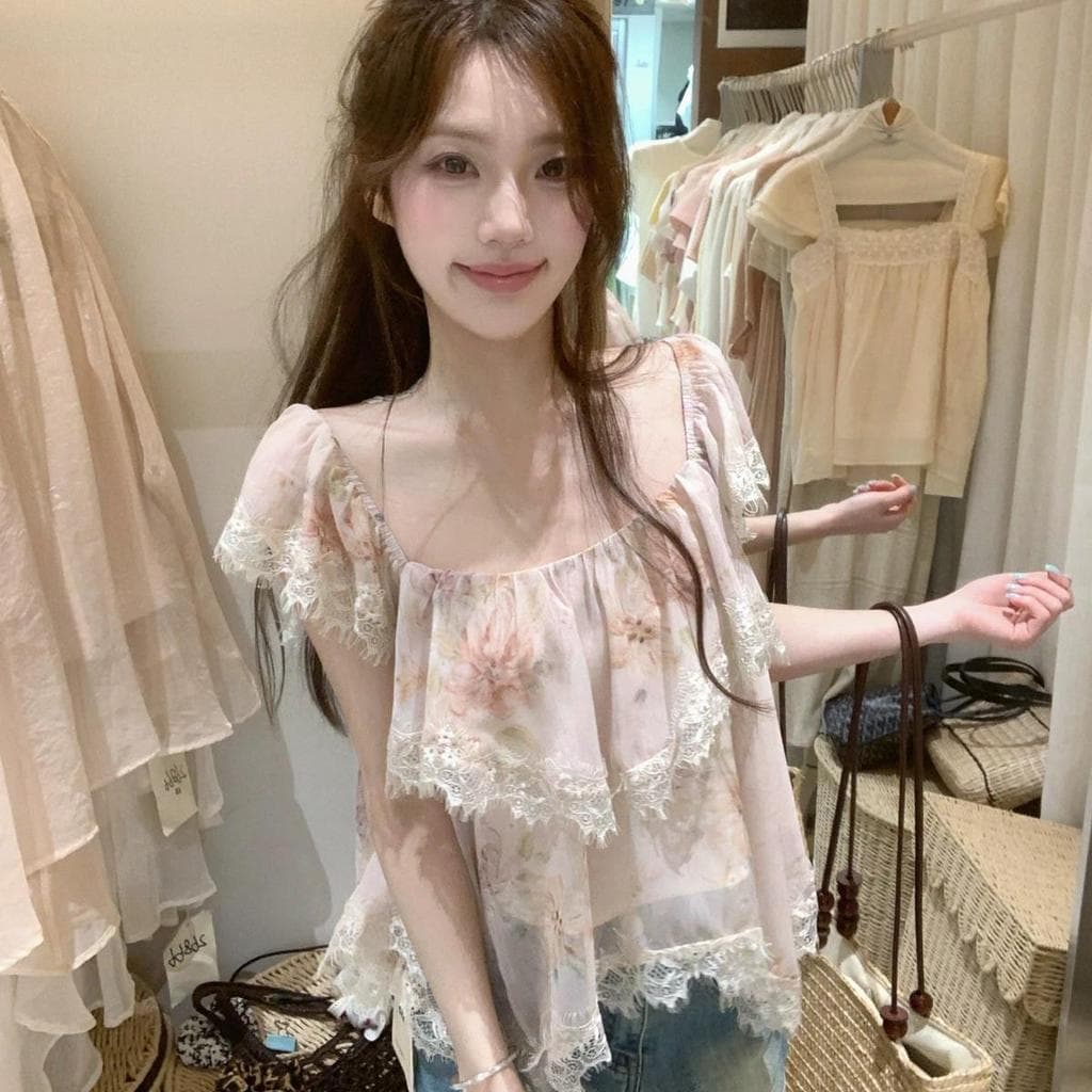 [Venda por tempo limitado] 2026 estilo verão romântico Chiffon estampa costura renda Halter costas manga voadora camisa