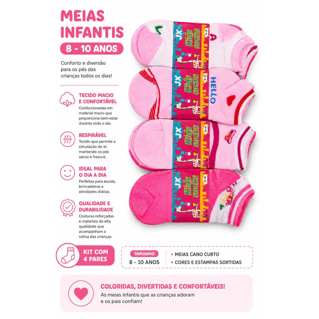 Kit 12 Pares Meia Infantil Feminina de 8 a 10 anos