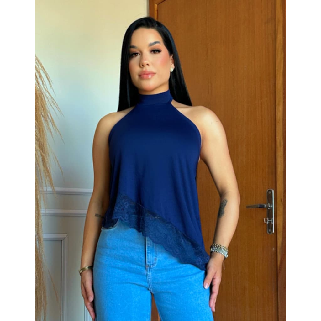 Blusa Feminina Frente Única Gola Alta Elegante com Renda Na Parte De Baixo  Moda Casual Chic Com Amaraçao No Pescoço