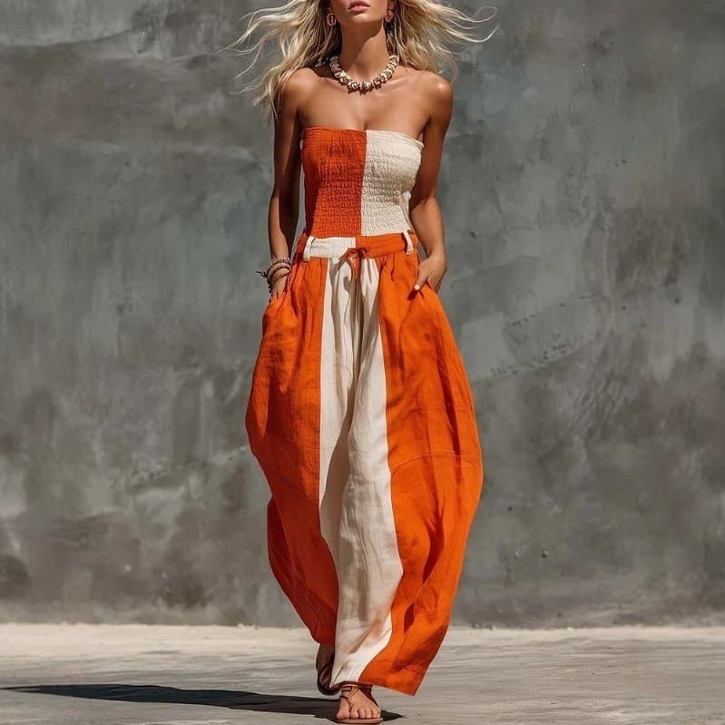 Macacão feminino sem alças, em tons contrastantes de laranja e branco-sujo, estilo europeu e americano.