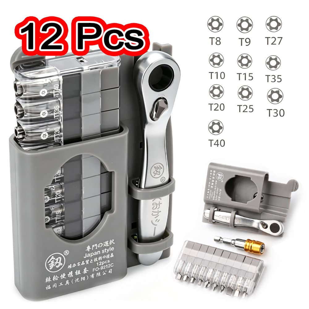 Kit Chave De Catraca Reversível 12 Peças Pontas Torx CR‑V, Ferramenta Reparo Bicicleta Moto Eletrodoméstico Portátil