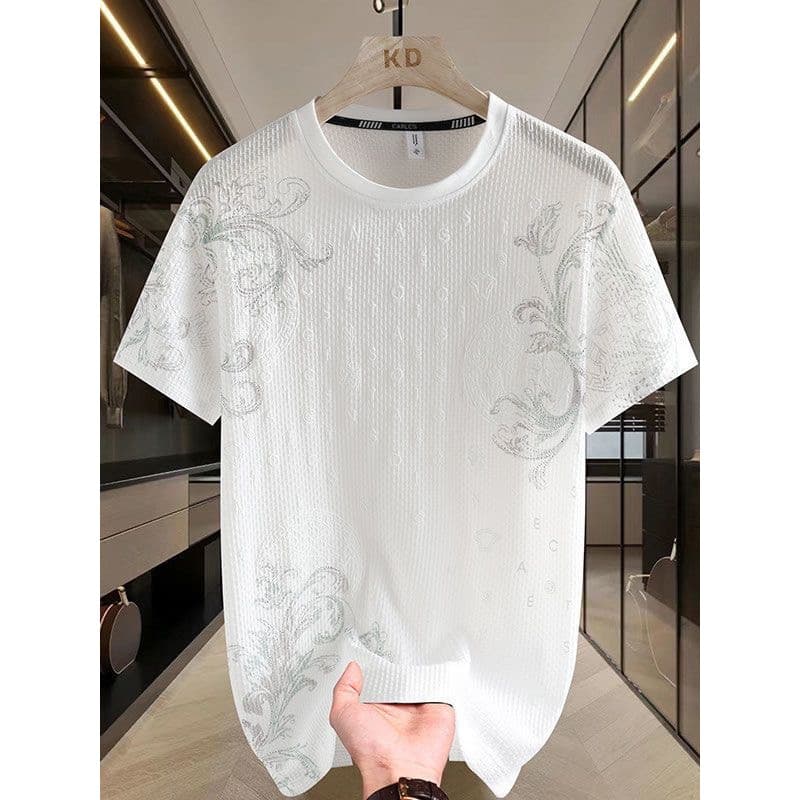 Ins estação europeia verão novo estilo masculino na moda em torno do pescoço manga curta moda urbana All-Match gelo seda