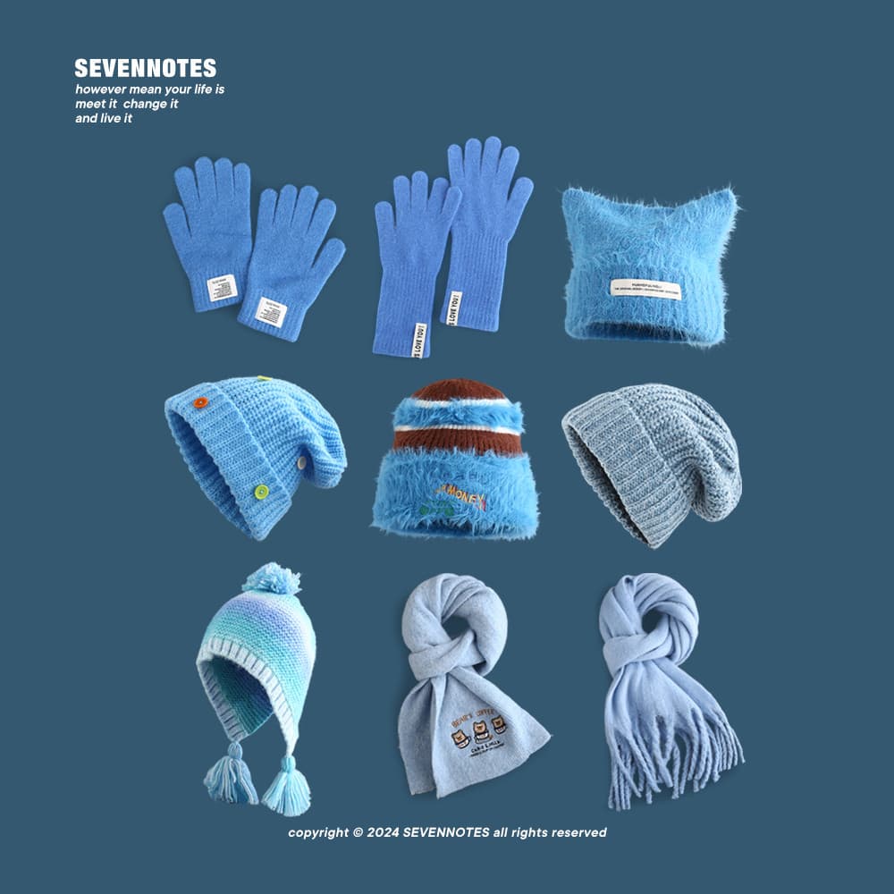 Cachecol azul chapéu luvas conjunto de três peças atmosfera quente sentir pelúcia pilha chapéu masculino feminino 2024 n