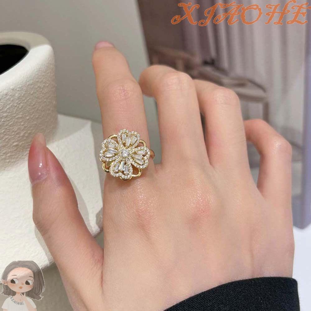 XIAOHE Anéis De Zircão Giratórios Luxo Sorte Cor Prata Personalidade Romântica Strass Mulheres Dedo