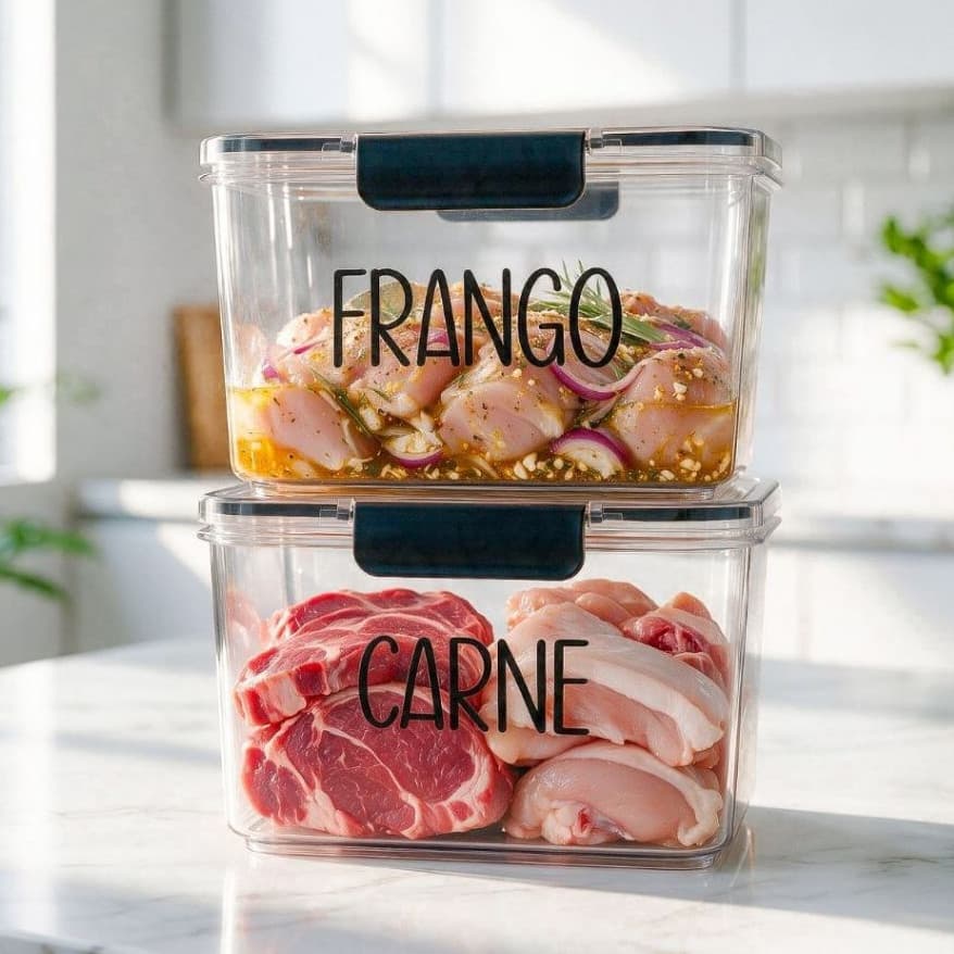 Kit Organizador Carne e Frango de Geladeira 1,9L - Pote Hermético com Etiqueta | Avulso ou Kit