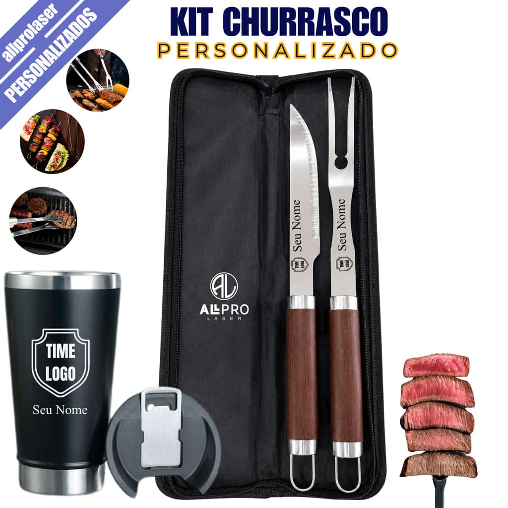 Kit Churrasco Inox 2 Pçs ou  Kit Churrasco Inox 2 Pçs + Copo Personalizado a Laser