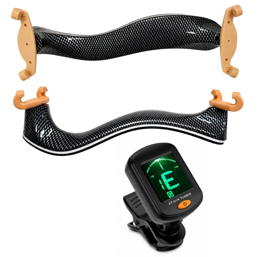 Kit Afinador Digital + Espaleira Violino 3/4 4/4 Fibra de Carbono Regulável Marinos