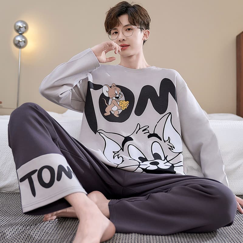 Pijamas masculinos primavera outono manga comprida puro algodão dos desenhos animados juventude outono estilo fino algod