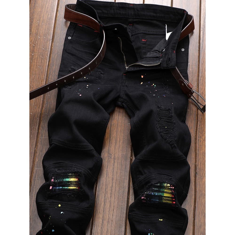 2026 novo estilo calças de brim masculinas preto rasgado street Wear rufião bonito frito rua magro @-