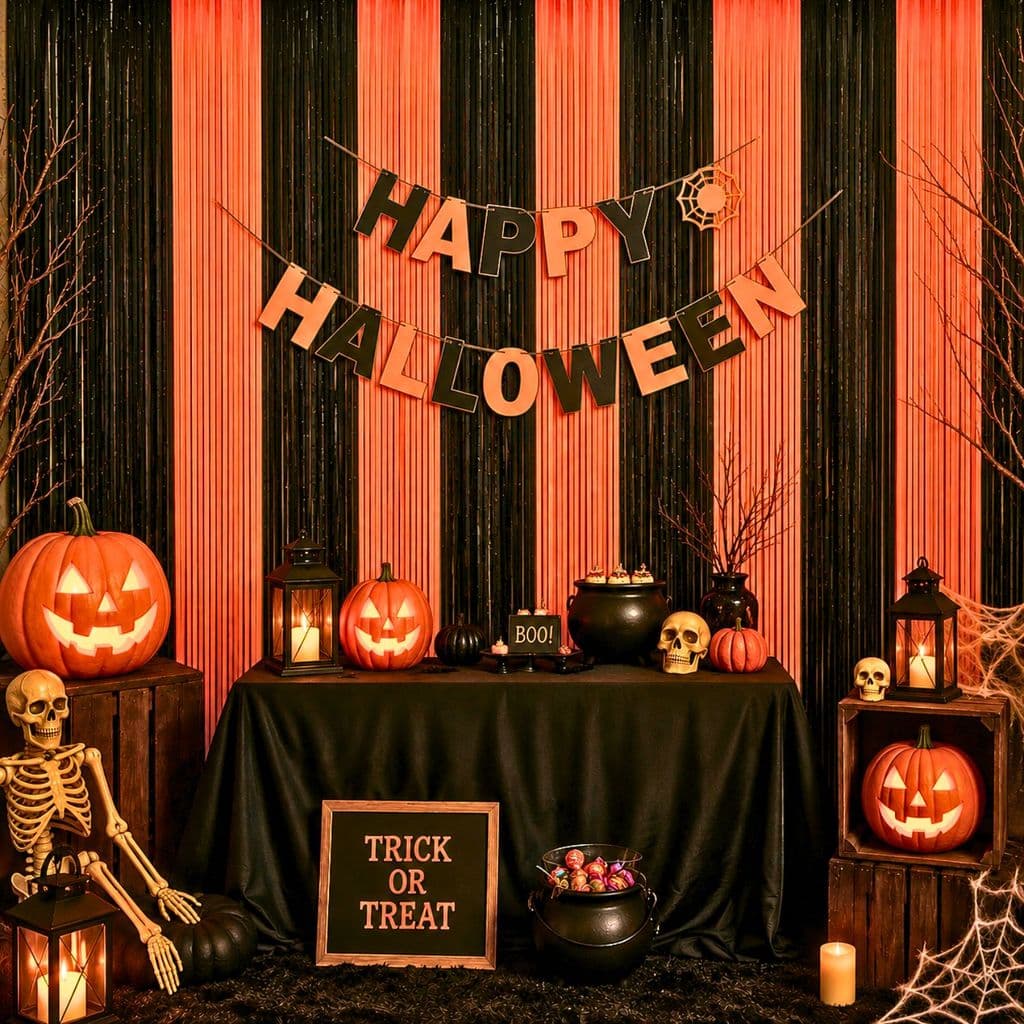 Kit: Halloween Cortinas Preta e Laranja, Varal Happy Halloween, Itens Decoração Dia das Bruxas