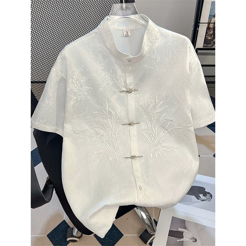 Novo estilo chinês botão gola alta camisa de manga curta masculina Jacquard escuro texturizado avião botão Zhongshan cam