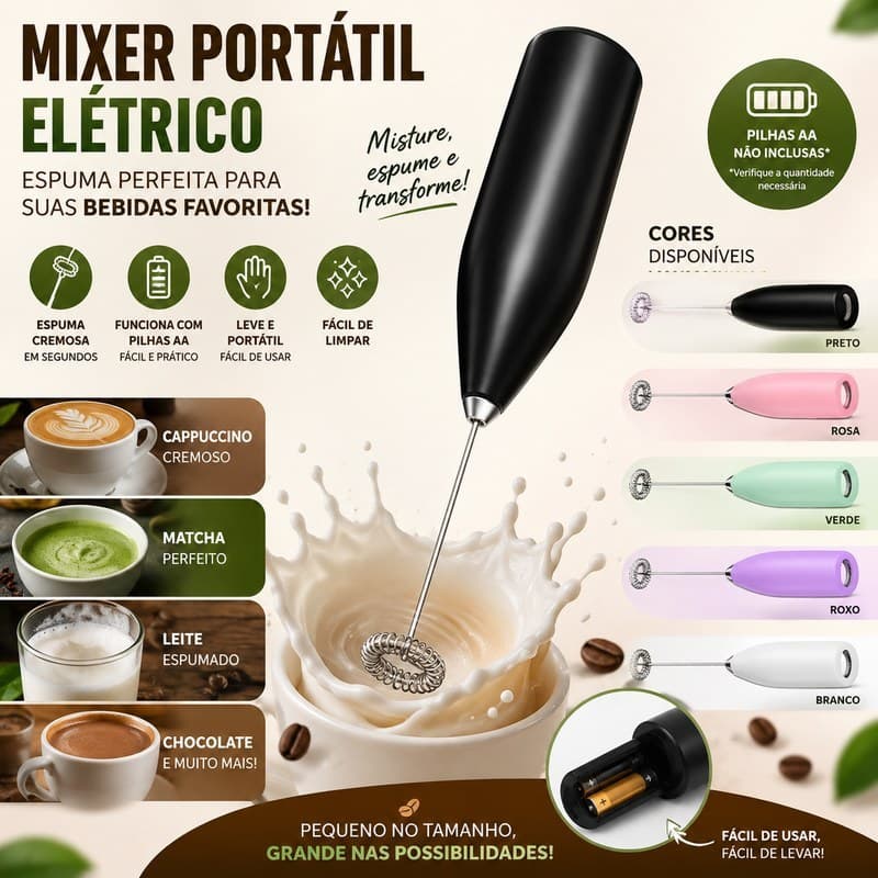 Mixer Portátil Elétrico a Pilha AA – Espumador para Café, Cappuccino, Matcha e Leite – Cor Preta
