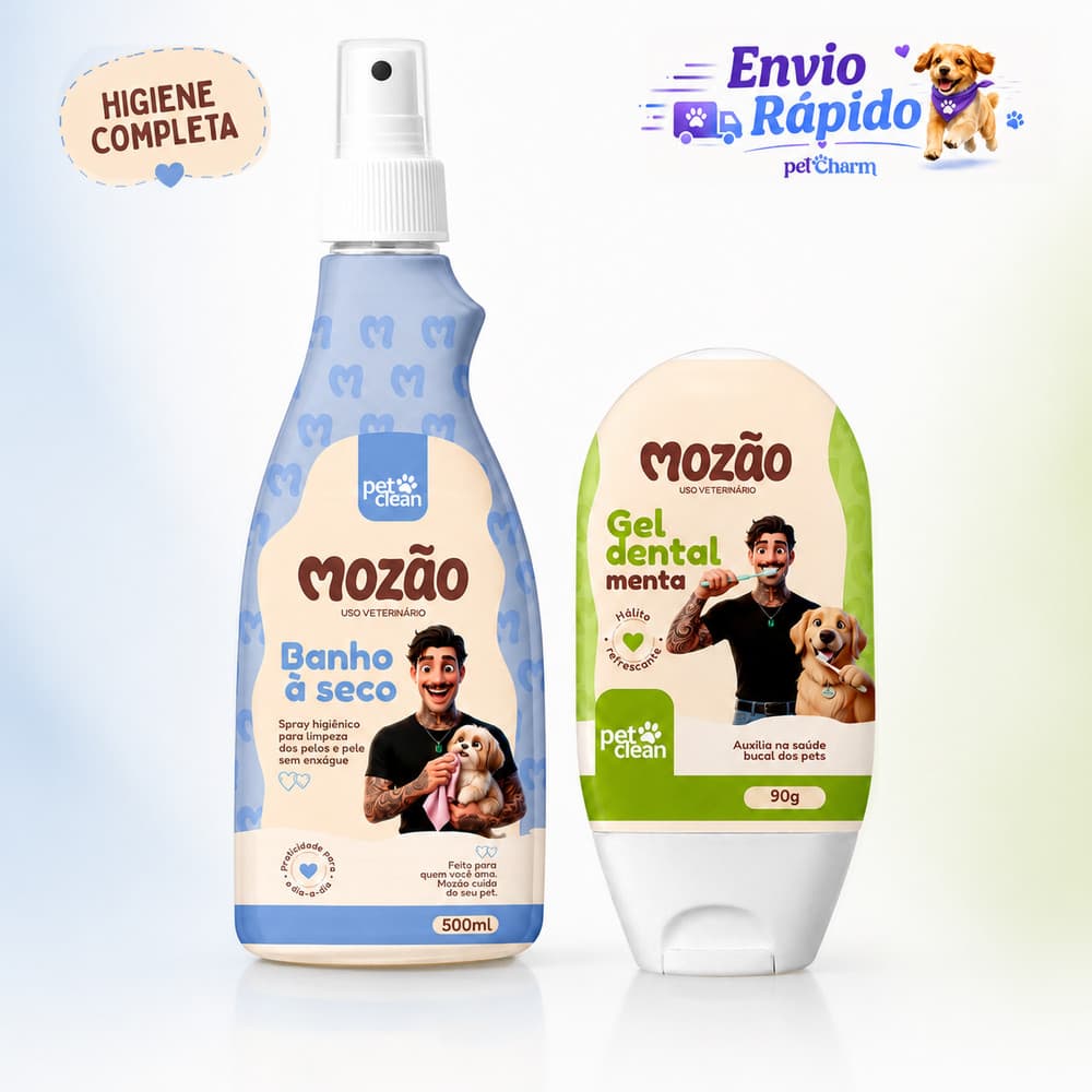 Kit Banho a Seco Para Cães e Gatos Mozão Pet Clean + Gel Dental