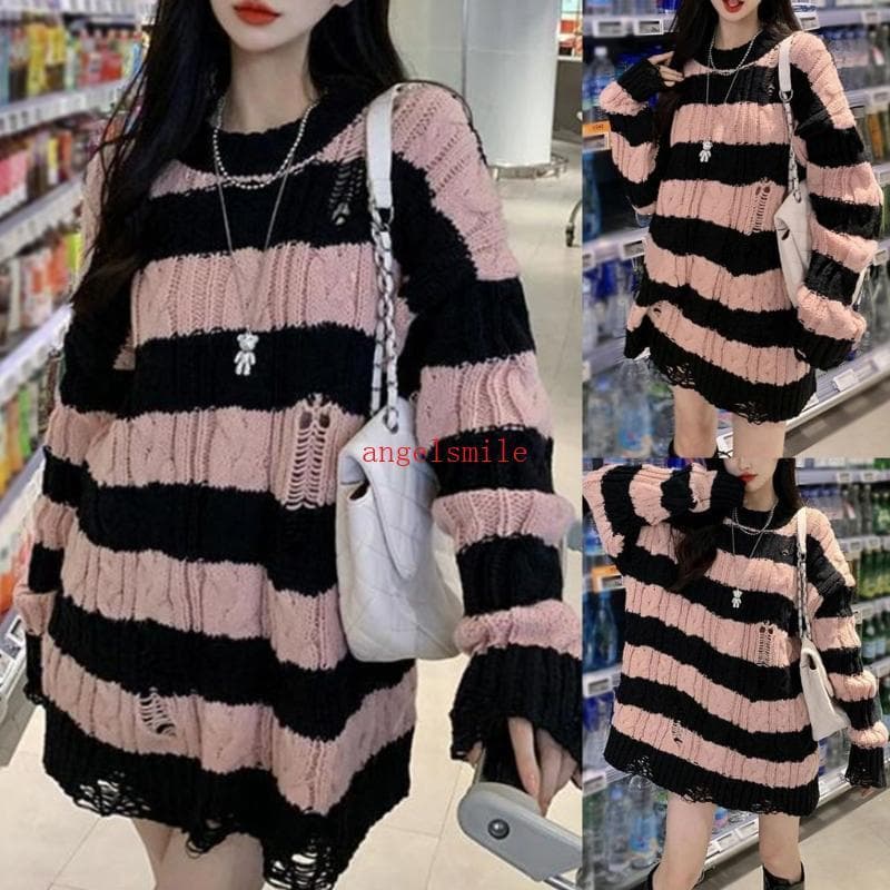 Ace Feminino Malha Manga Comprida Gola Redonda Suéter Listrado Rasgado Streetwear