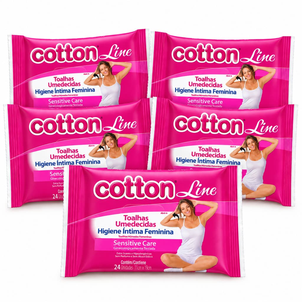 5x Lenço Umedecido Íntimo Feminino Cotton Line 24Un