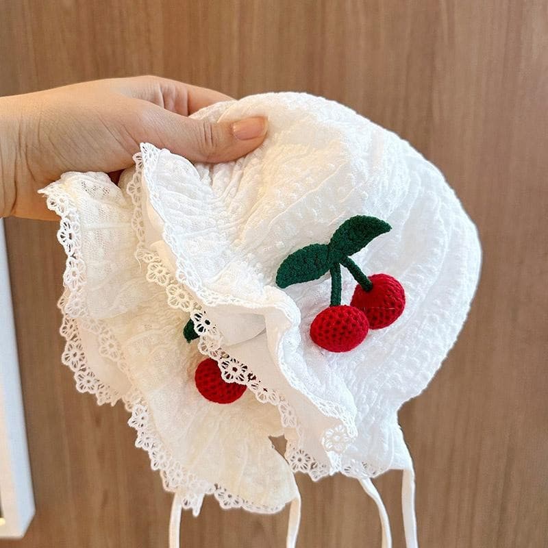 Chapéu De Bebê Com Babados De Renda Branca , Bonito , Cereja , Infantil , Menina , Proteção De Orelha , Algodão Macio ,