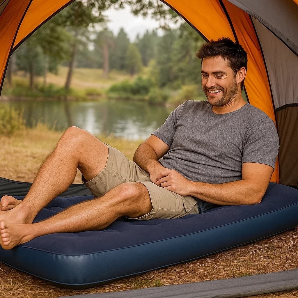 Colchao Inflavel Solteiro Azul Camping Viagem Dormir Descanso Colchonete Praia Portatil