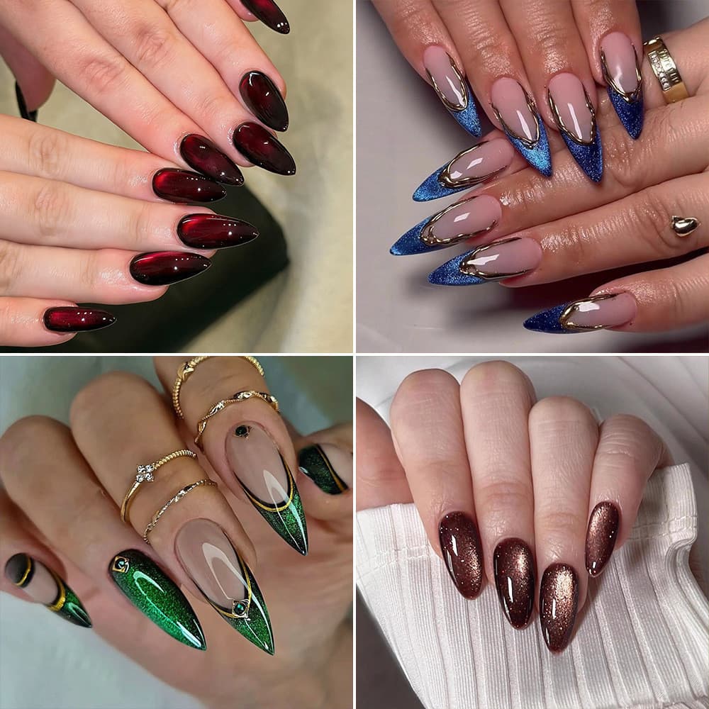 Cross-Border venda quente olho de gato usando unhas atacado de longa ponta em forma de amêndoa Manicure unhas falsas des