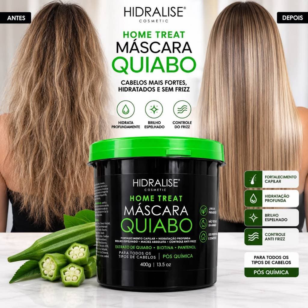 Máscara De Quiabo Hidratação 400g Biotina, Extrato de Quiabo, Pantenol Hidralise Cabelo Forte