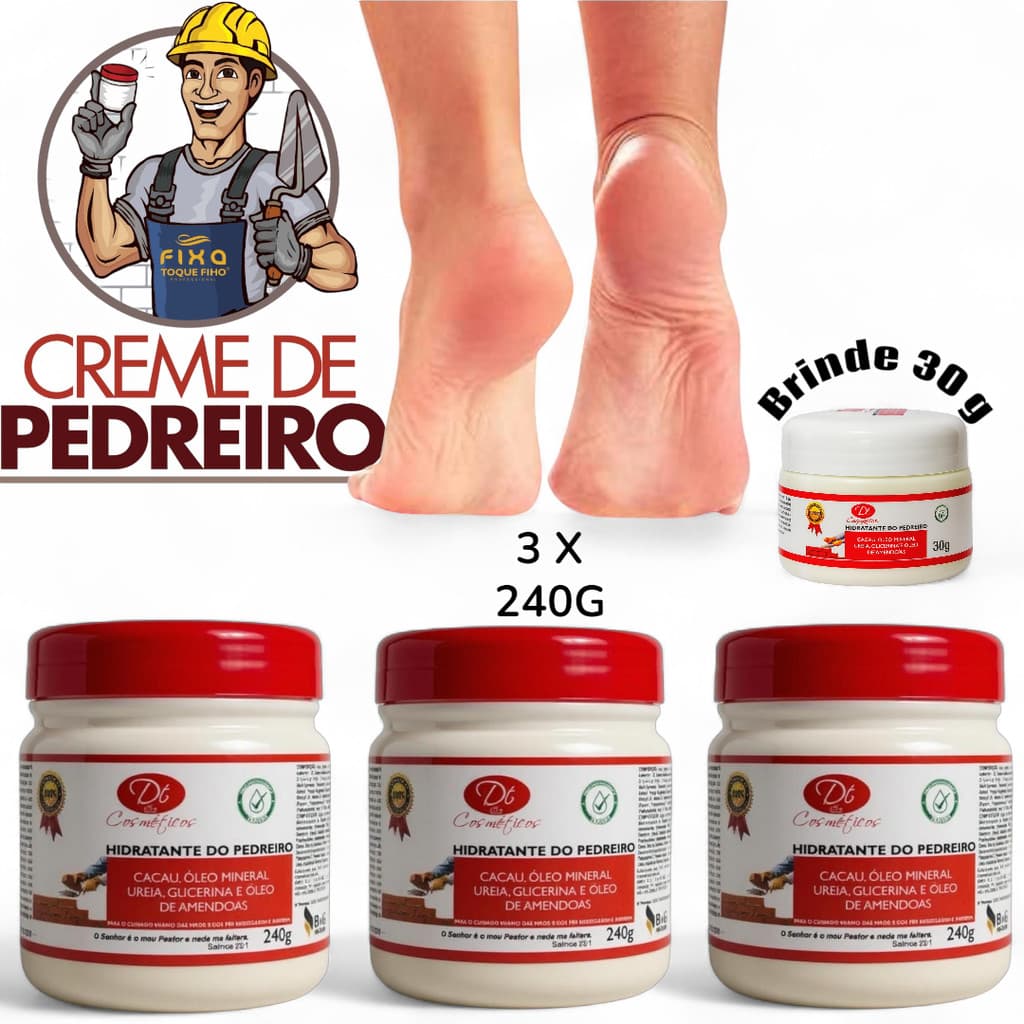 Creme Hidratante Do Pedreiro para Pés Mãos e Cotovelos Ressecados 240g Cada kit Com 3 Unid.