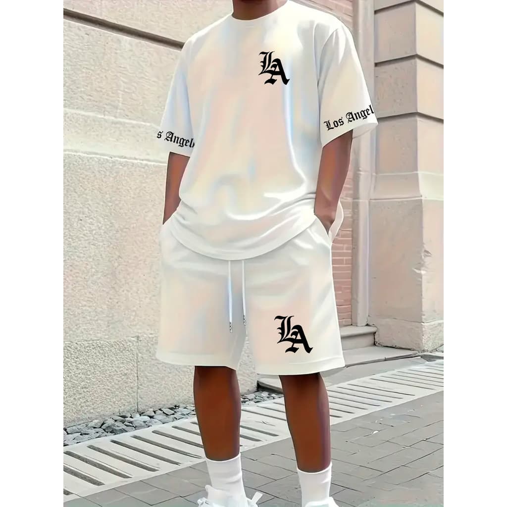 Conjunto Streetwear Estampa LA Los Angeles Negrito Kit Camiseta Camisa 100% Algodão + Short Tactel