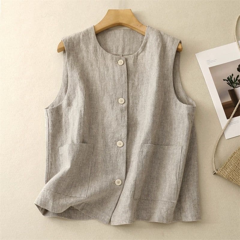 Moda Feminina Colete de Linho Puro 2025 Verão Estilo Boêmio Vintage Casual Exquisito