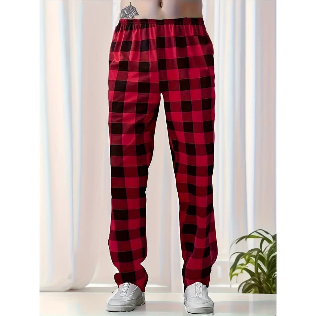 Calças casuais simples xadrez da moda clássica, calças de pijama microelásticas macias e confortáveis