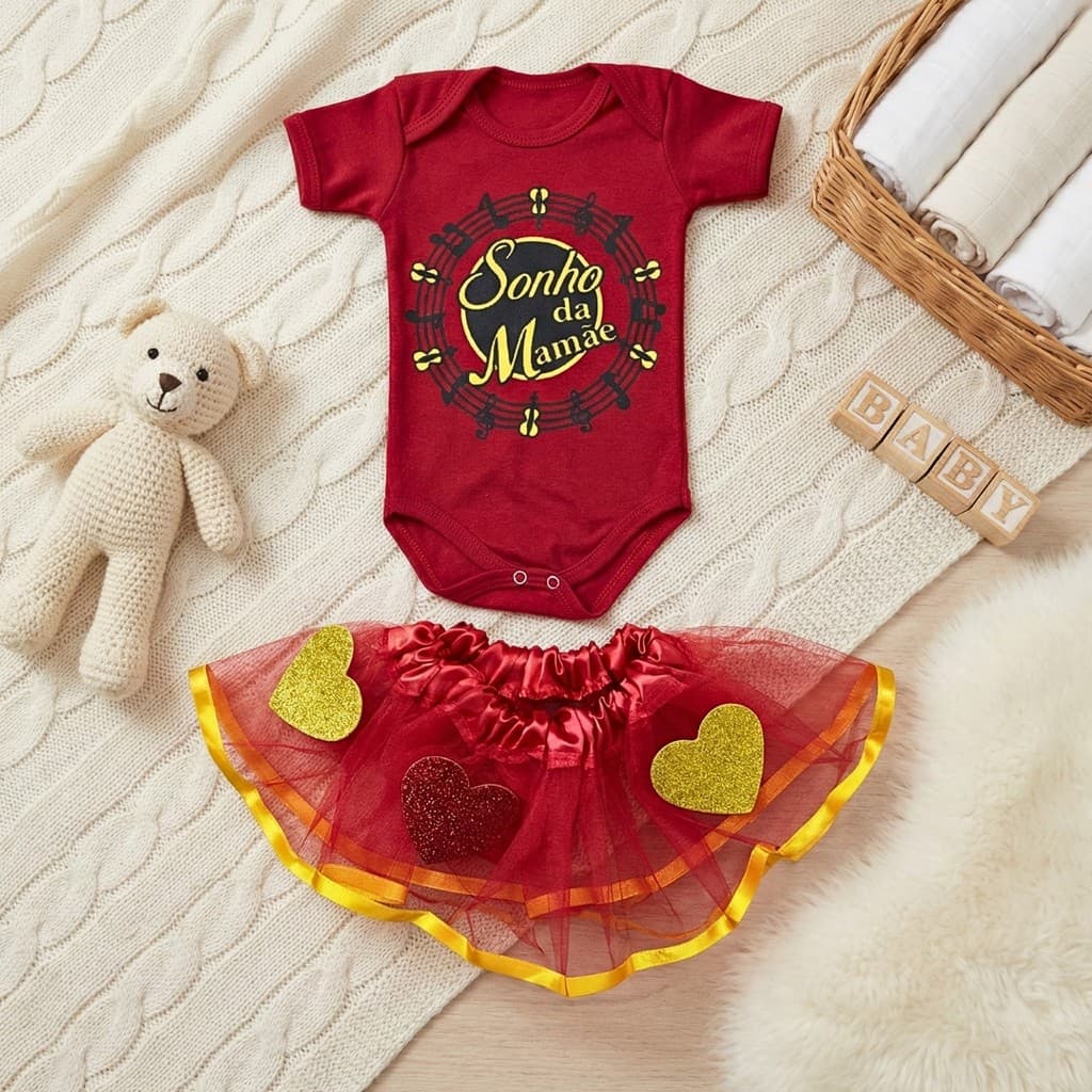 Fantasia Bebê Menina Temático Carnaval Mesversário Body + Saia + Tiara 0 a 12 Meses Sonho De Valsa